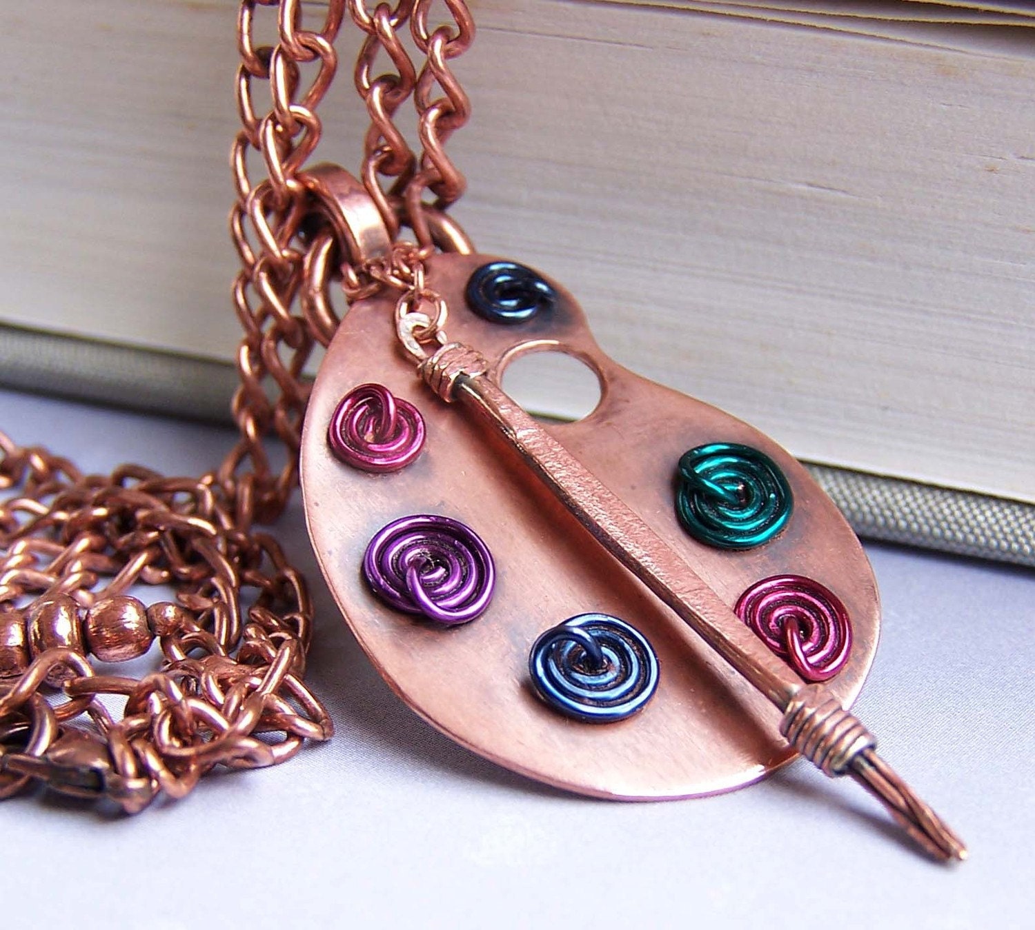 Copper necklace artist paint palette handmade jewelry