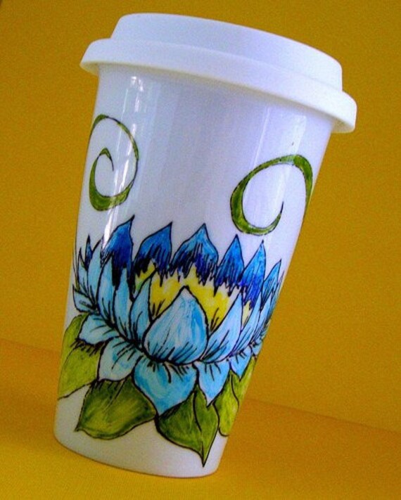 Items similar to Ceramic Travel Mug Blue Lotus Flowers Eco Cup Asian Folk Painted Yellow Green