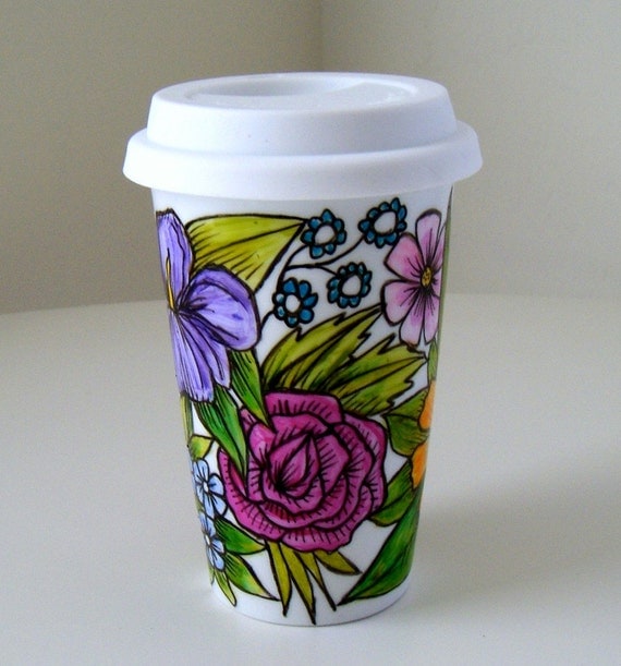 Ceramic Travel Mug English Garden Flowers Botanical by sewZinski