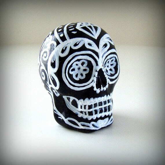 Ceramic Sugar Skull Black and White Hand Painted by sewZinski