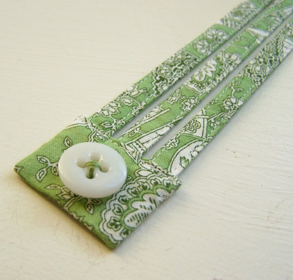 Fabric cuff bracelet dainty green floral triple strand