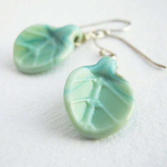 Items similar to Mint Leaf Earrings Copper Green Lampwork Glass