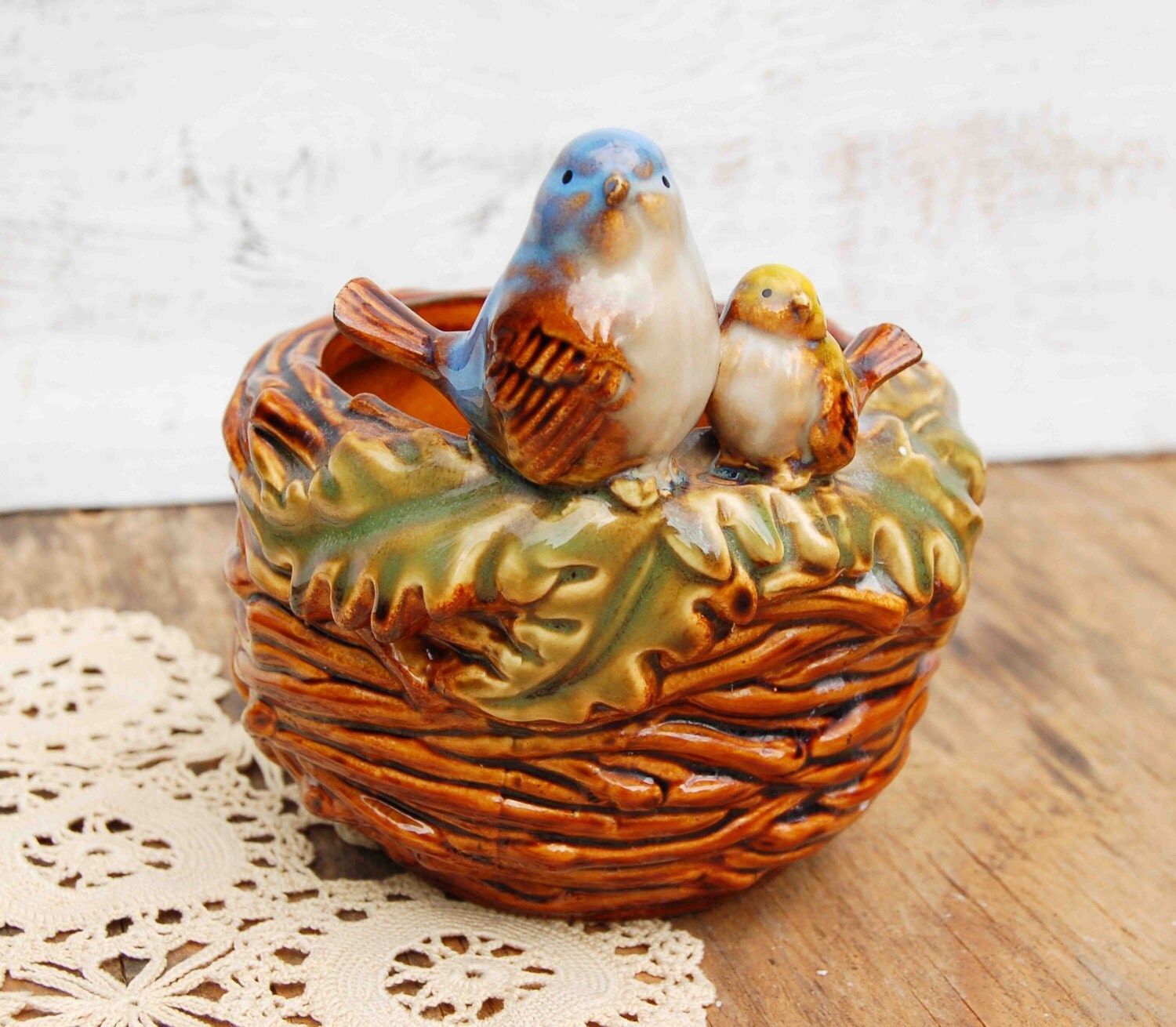 Vase BIRD NEST Vintage Blue Bird Yellow Bird Nest Ceramic