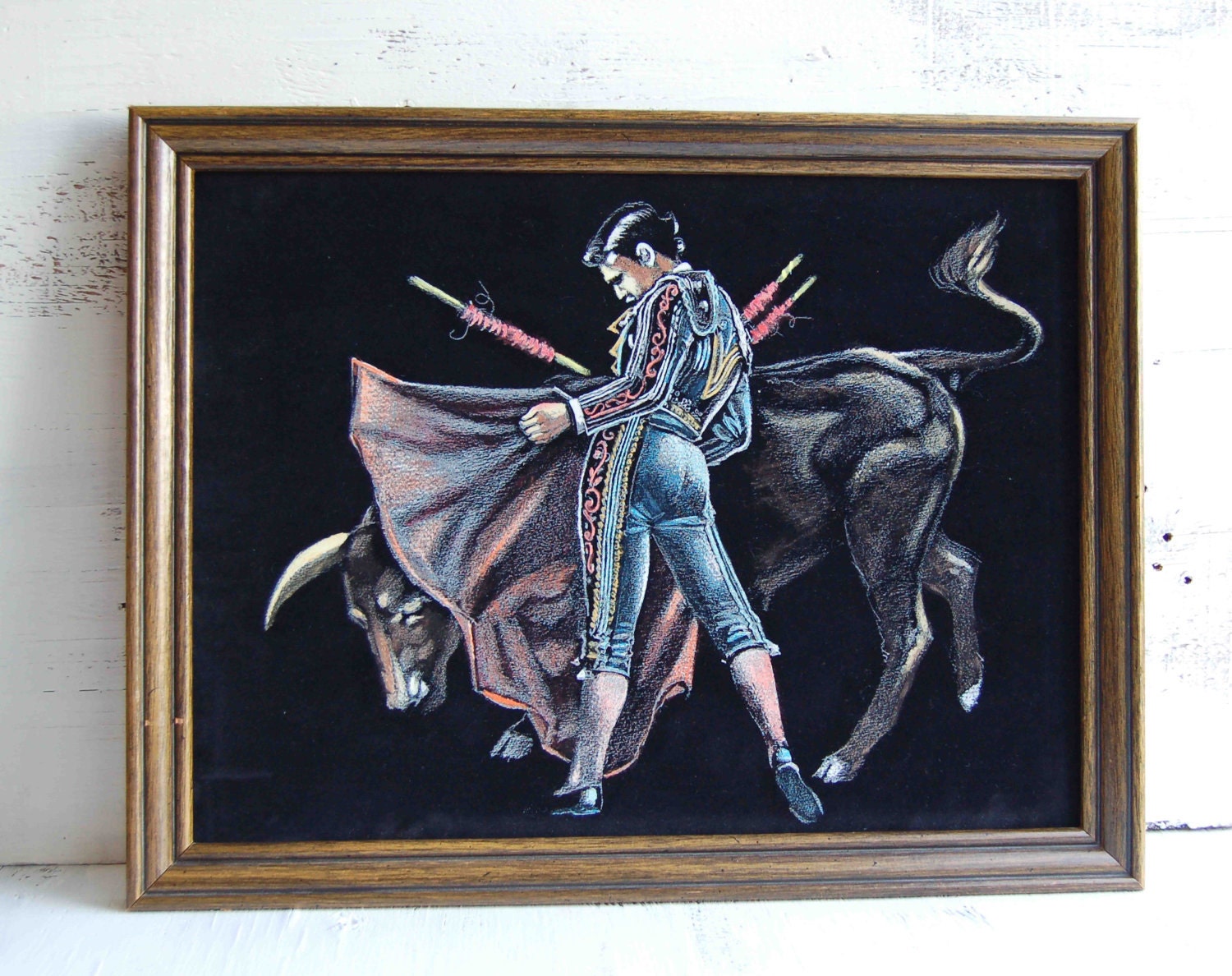 Vintage Black Velvet Painting Bullfighter