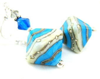 Turquoise Blue White Glass Earrings, Lampwork Earrings, Triangle Earrings, Blue Gray Earrings, Geometric Dangle Earrings - Rhythm and Blues