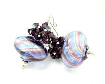 Purple Blue Earrings, Blown Glass Earrings, Murano Earrings, Purple Crystal Earrings, Cluster Earrings, Beadwork Earrings - Shadow Stripes
