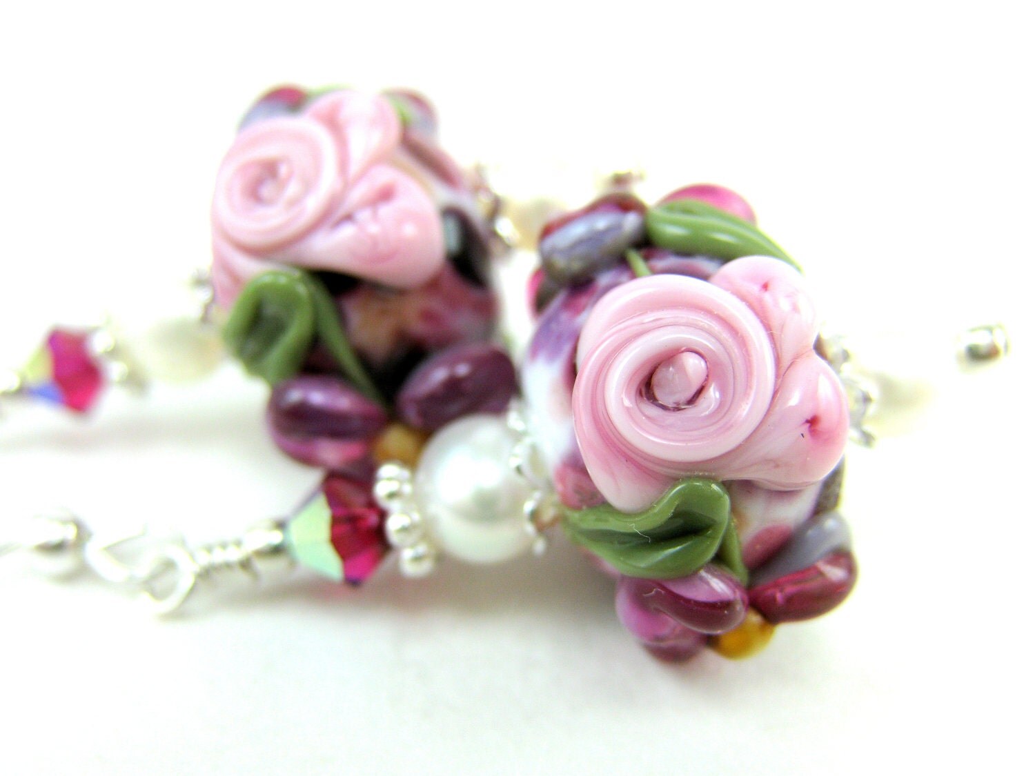Pink Rose Glass Bead Earrings Pink Cameo Rose Purple Floral