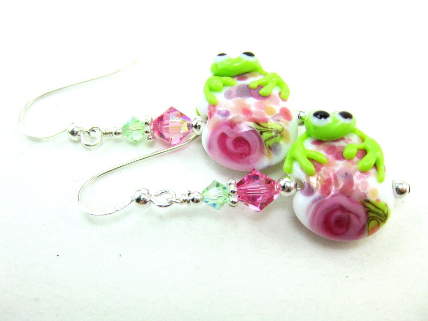 Frog Earrings Green Frog Pink Lampwork Glass Bead Earrings