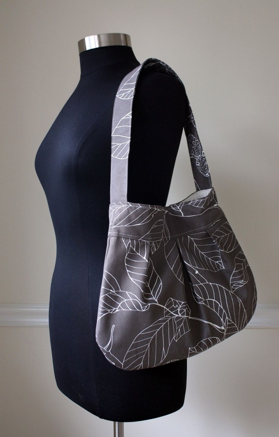 canvas shoulder bag // pleated purse // ipad bag // mothers day gift // READY TO SHIP // grey leaves // the charlie bag