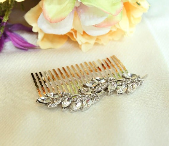 Clear Crystal And Rhinestone Leaf Stem Hair Comb Silver Metal 3705