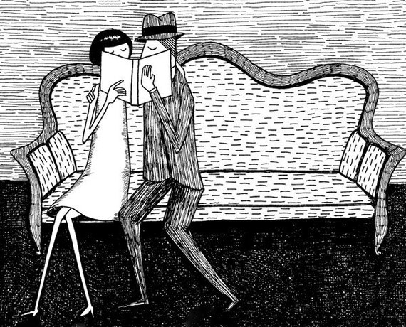The reading lovers illustration // Black and white couple who love books // art print