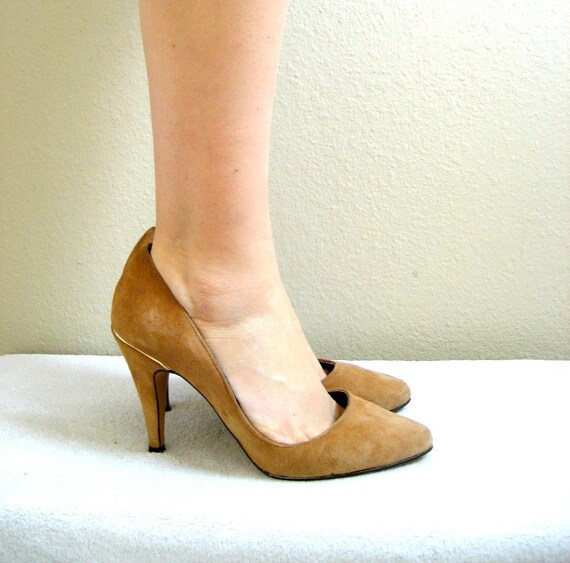 Vintage Suede Stiletto Heels 1980s Earthy Camel Brown