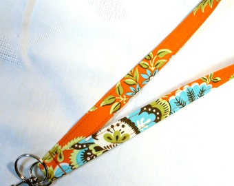 Amy Butler Fabric Lanyard ID Badge Holder Breakaway Lanyard Key Ring Fob Royal Garden Clay Belle Orange Turquoise Blue MTO