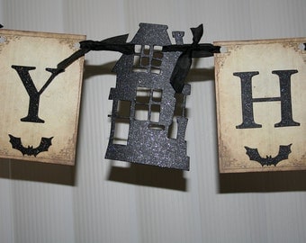 Happy Halloween banner / garland with Haunted House.