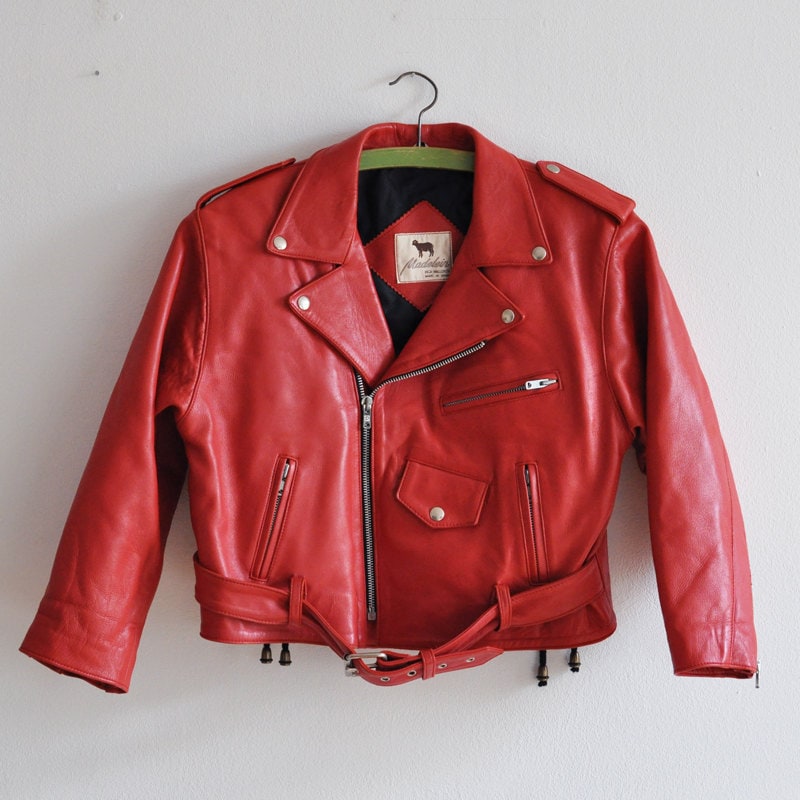 Leather Red Vintage Cropped Motorcycle Jacket Size S