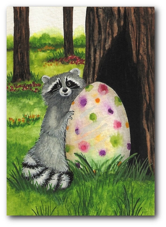 Raccoon Easter Egg Hunt ArT Original ACEO by AmyLynBihrle on Etsy