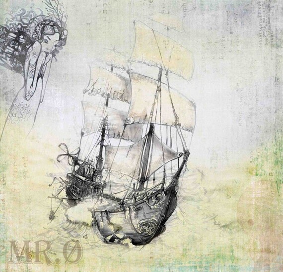 Nautical Ship Art Print Steampunk Art Print giclée Fine