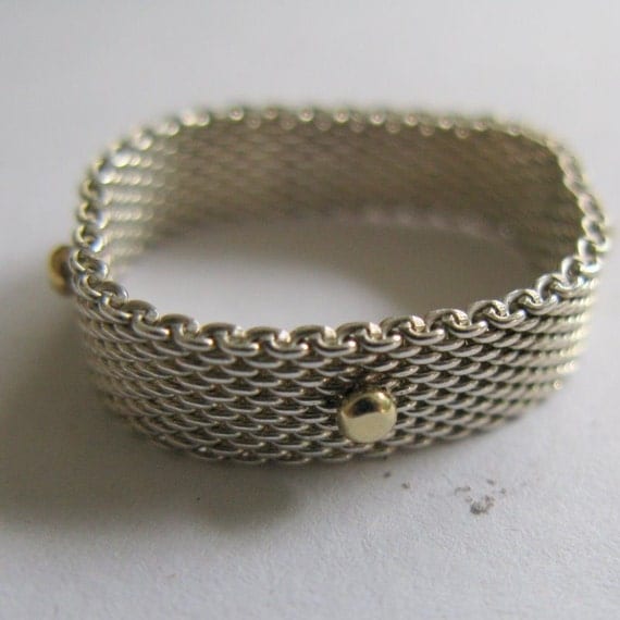 Sterling Mesh Ring with 14k Gold Balls by MotherMine on Etsy