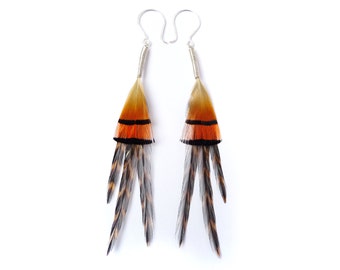 Geometric Triangle Feather Earrings in Bright Orange, Black and Brown