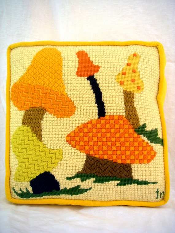 1970's Mushroom Needlepoint Pillow by modomestic on Etsy