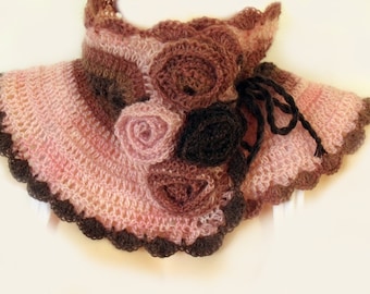Crochet collar, Crochet neckwarmer, Crochet cowl, Collar scarf, Cowl with flowers, Victorian scarflette, Pink brown, Wool mohair acrylic