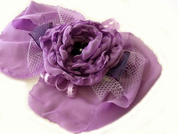 Wrist corsage. Bracelet cuff. Purple fabric flower wrist