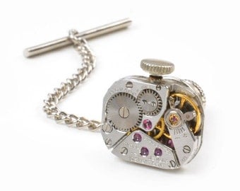 Vintage Movado Watch Movement Steampunk Tie Tack Pin Chain Clip