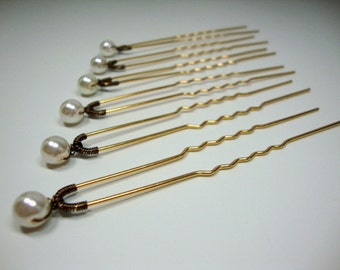 Single Pearl Hair Pin for 6 pins in Gold Plate and Bronze for Brunettes