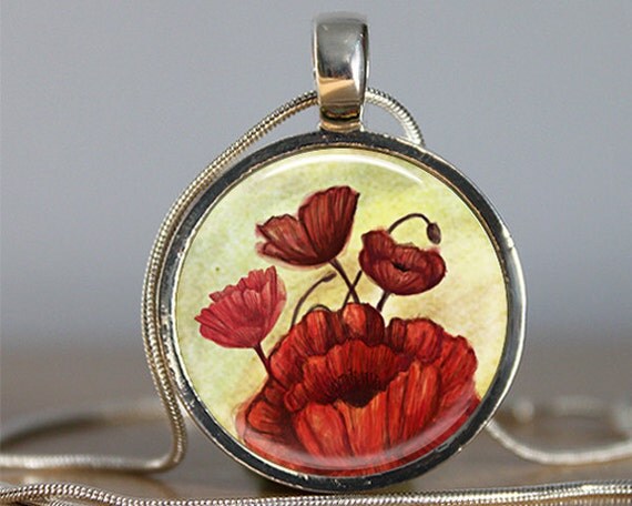 Items similar to Silver Art Pendant - Poppies Silver and Resin Pendant ...