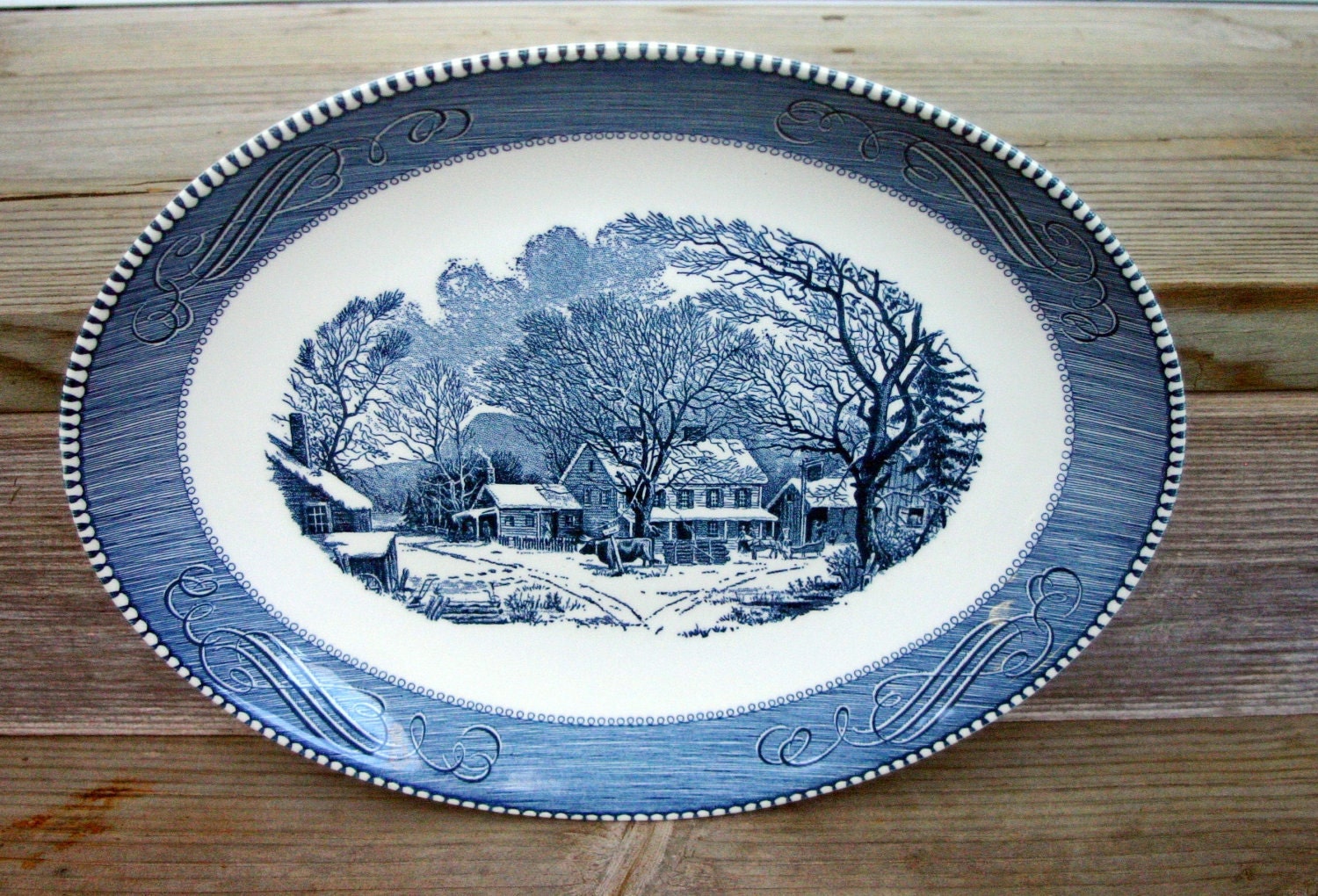 Old Inn Currier and Ives Blue Oval Platter