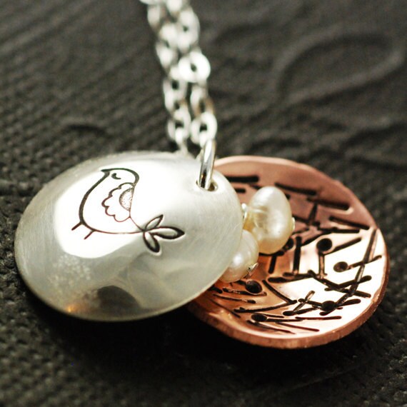 Mama Bird Necklace, Hand Stamped Mothers Necklace, Personalized