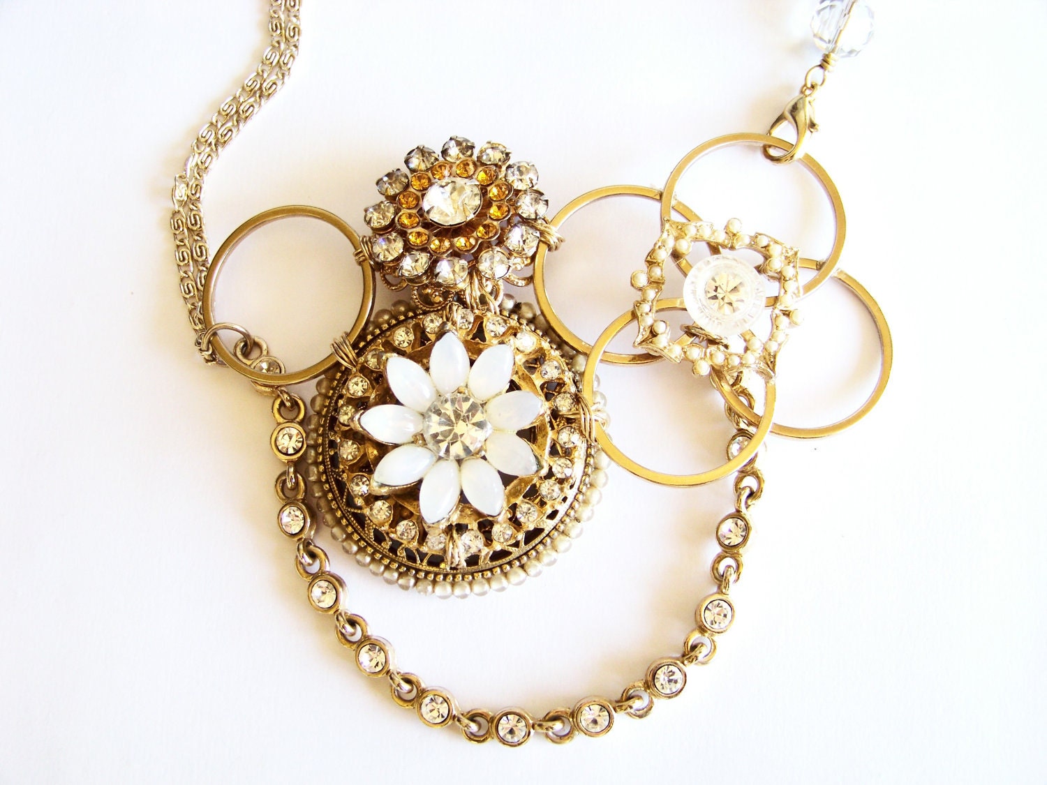 Gold Rhinestone Reclaimed Vintage Brooch Necklace