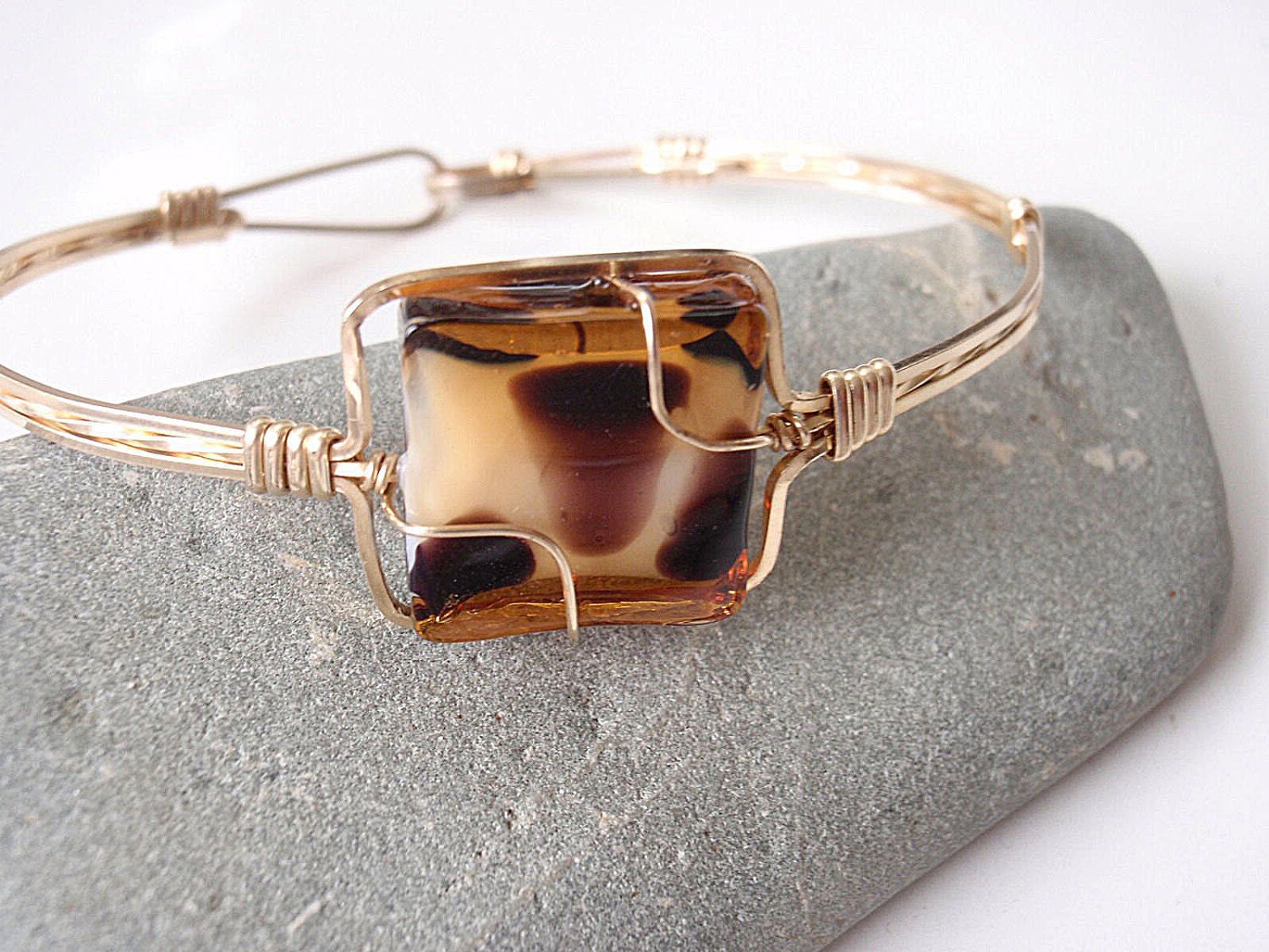 Gold Bangle Leopard Bracelet with Glass by GildedOwlJewelry