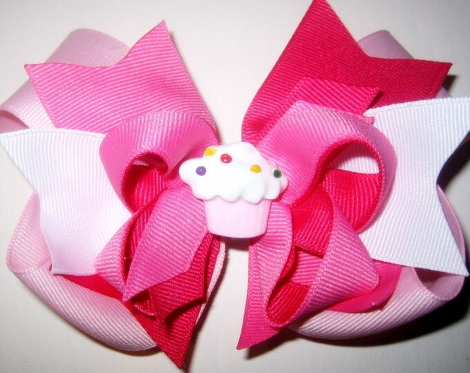 Happy Birthday Triple Layered Hair Bow BIG Boutique Princess Hairbow Pink Cupcake
