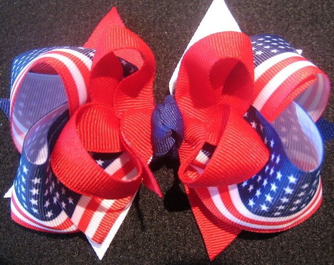 American Flag Triple Layered Hair Bow BIG Boutique Princess Hairbow Patriotic Red White Blue