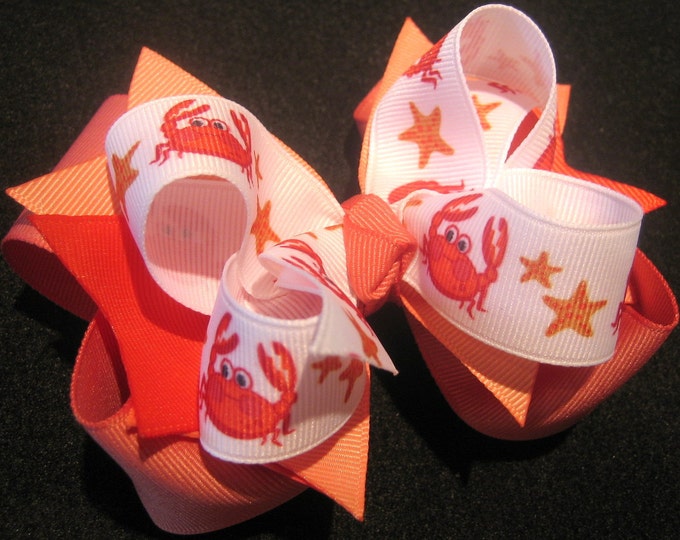 Girls Hairbows, Boutique Bows, Happy Ocean Crab Bow, Triple Layered Hair Bow, BIG Boutique Bow, Princess Hairbow, Crab Bow, Orange Hairbow