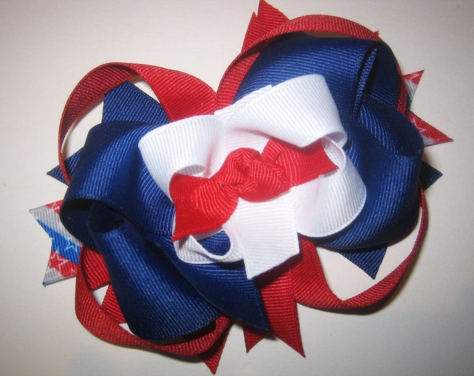 Patriotic Large Boutique Hair Bow Fancy Layers of Red White and Blue Loops and Spikes for Baby Toddler to Little Girl