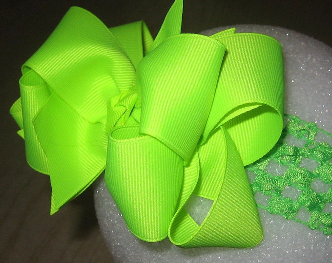 Girls Hair Bows, Boutique Hairbow, Baby Headband, Double layered Bow, Big hairbow, 4 5 inch Bow, Neon Lime Green Bow, Boutique Princess Bow,