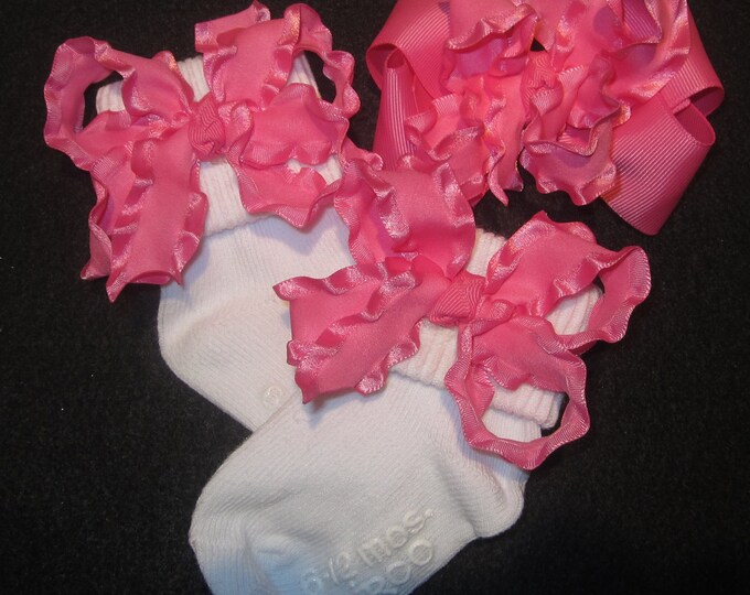 Shocking Hot Pink Double Ruffle Socks and Hair Bow Set - Matching Frilly Hairbow and Sox for Baby Toddler and Little Girl