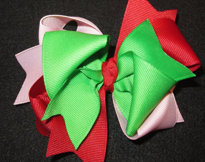 Watermelon Picnic M2M m2mg Hair Bow for Gymboree Girls BIG 5 Inch Full Twirly Triple Layers and Loops Hairbow White Red Lime Green