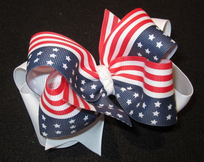 Flag Hairbow, American Flag Bow, Patriotic hairbows, Red White and Blue bow, Double Layered Bows, Boutique Bow, Stars and Stripes Bow, USA