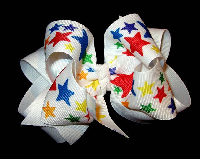 Rainbow Stars Patriotic Fabulous Double Layered Boutique Lush Hair Bow with Spikey Edges for Baby Toddler or Little Girl