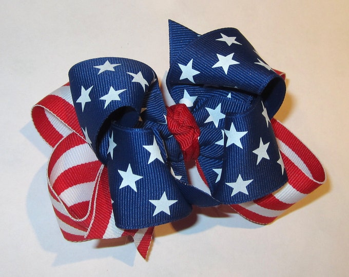 American Flag hairbow, Patriotic Hair Bows, Boutique Bows, American Hairbow, Red White and Blue Bows, 4th of July Hairbow, Blue Stars bow