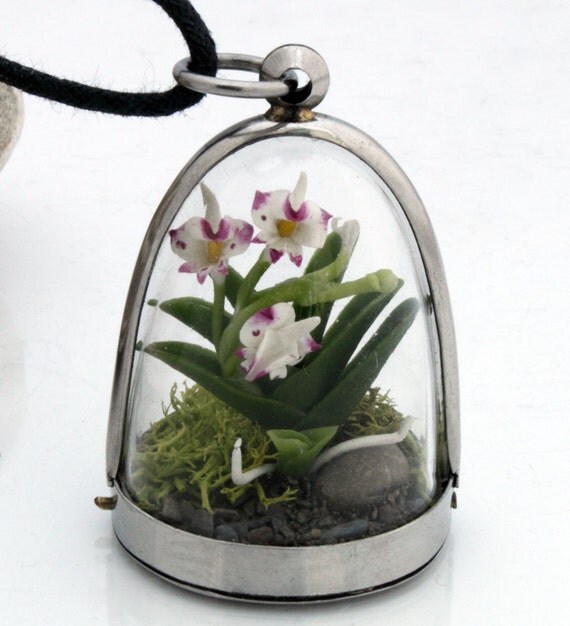 Wild woodland orchid cloche terrarium dome locket pendant with