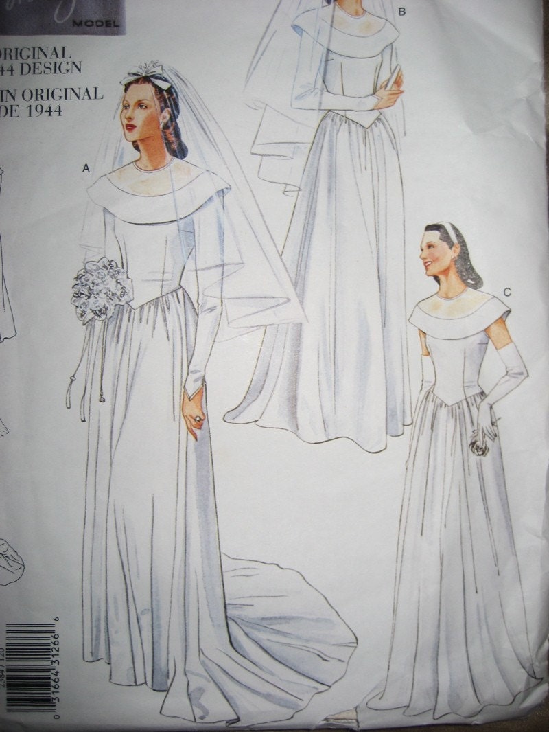 Vogue Vintage 1940's Wedding Dress Pattern 2384 12-14-16