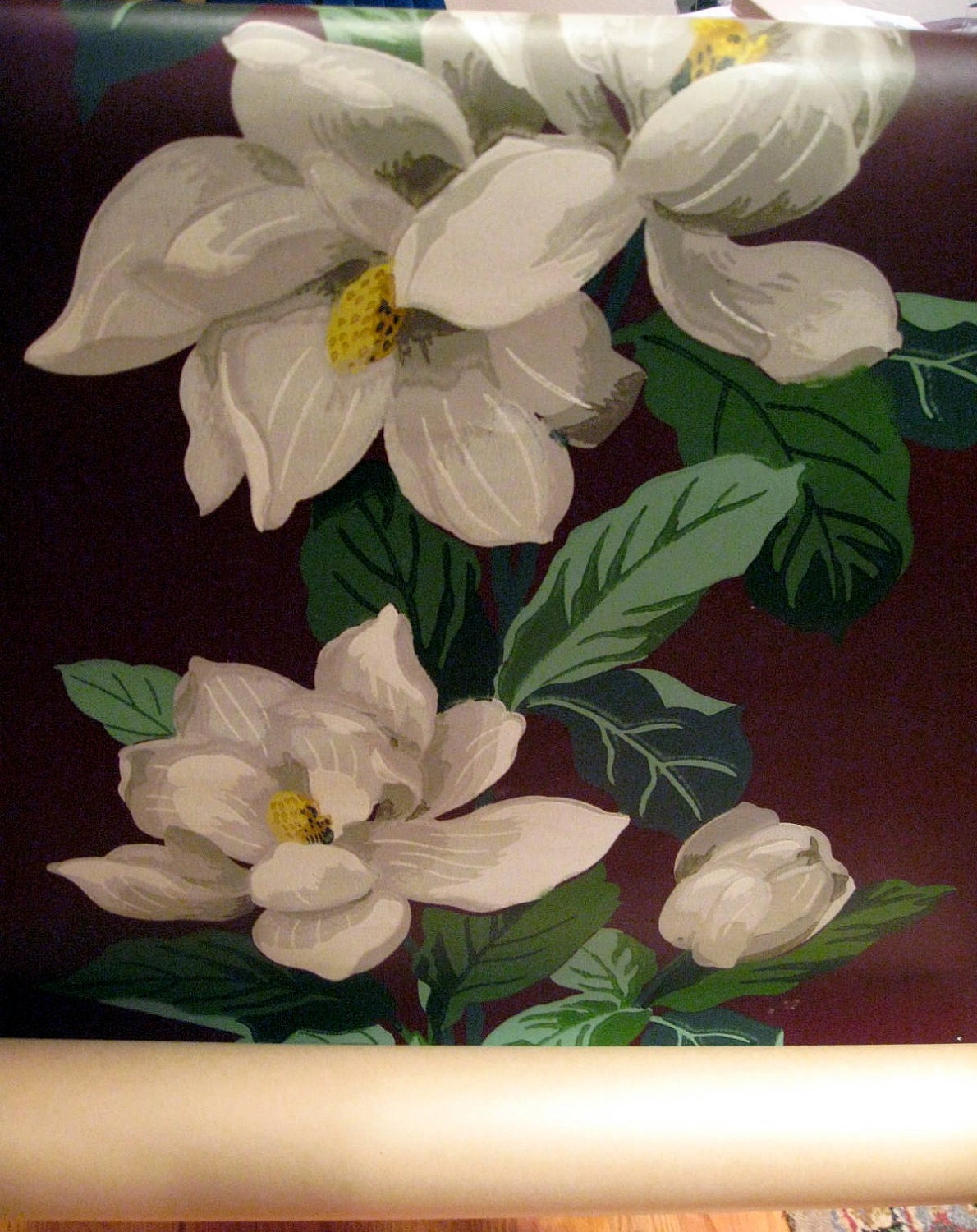 Vintage wallpaper roll magnolias with leaves unpasted
