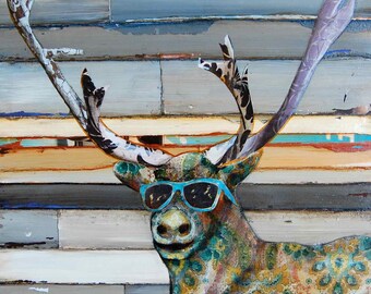 ART PRINT, caribou deer sunglasses mountain print art wall decor funny animal hunter antlers fathers day,mixed media painting,All Sizes