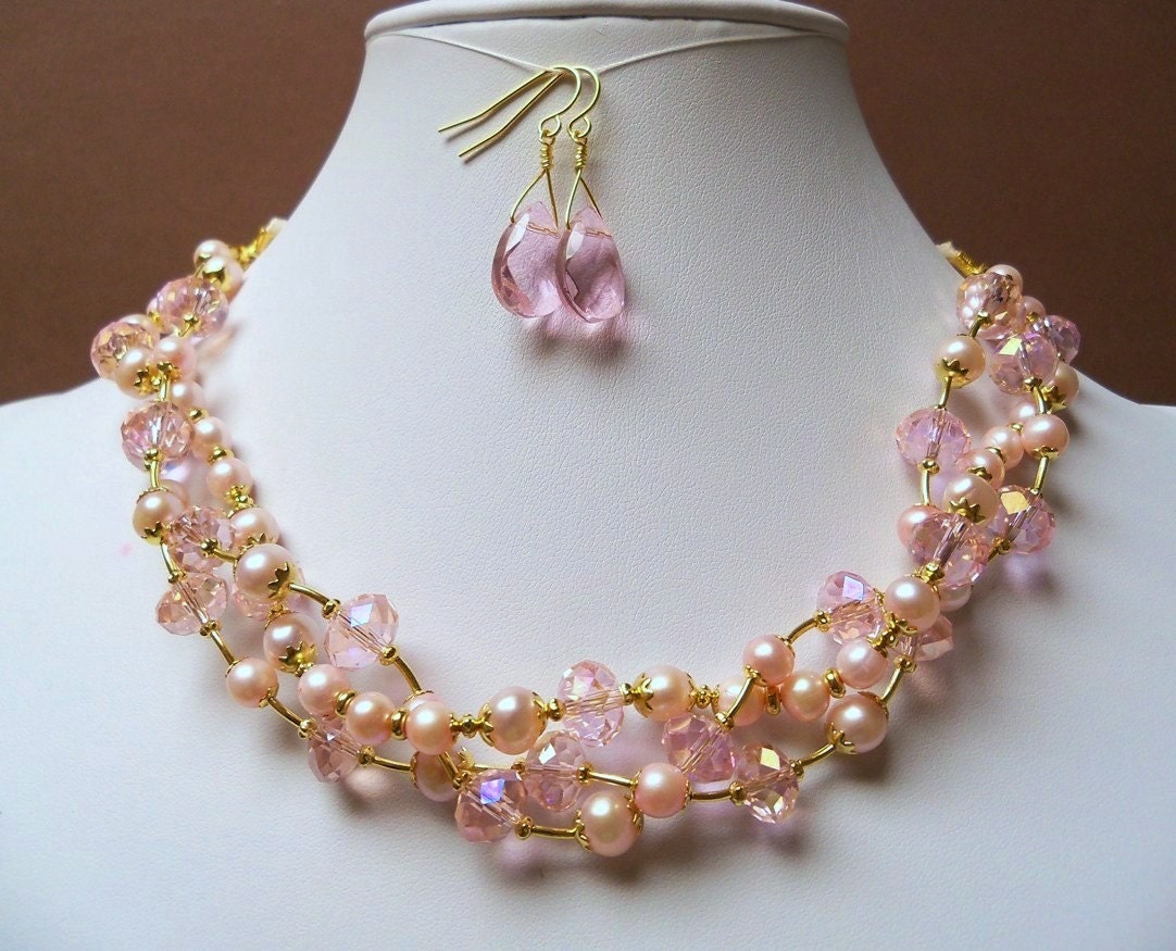 Freshwater pearl necklace twisted multi strand rose pink
