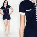 Vintage 60s 70s Navy Blue Lace Up Corset Terry Cloth Romper M L