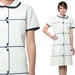Striped Mod Dress 60s Collar White Navy Buttons 1960s Shift Sixties Mini Short Sleeve Extra Large Polyester Scooter Vintage Dress L XL